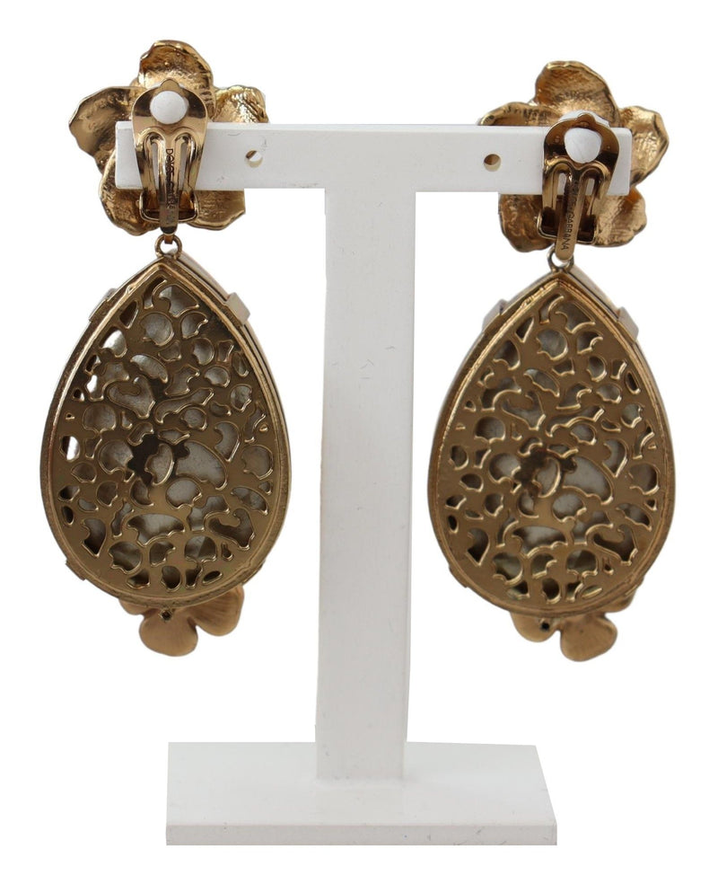 Yellow Crystal Floral Gold Tone Brass Clip On  Earrings