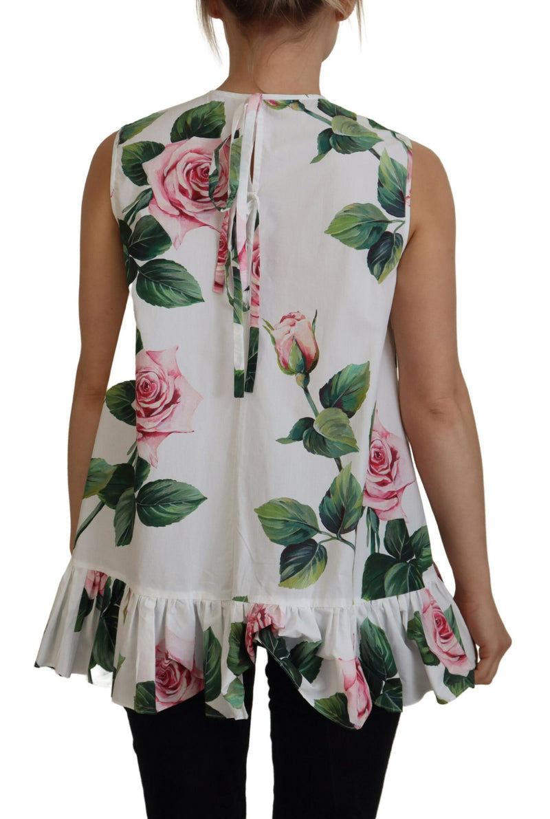 White Rose Print Cotton Sleeveless Tank Top