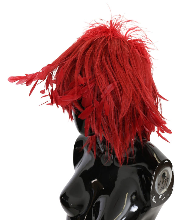 Red Ostrich Rooster Feather Leather Fashion Hat