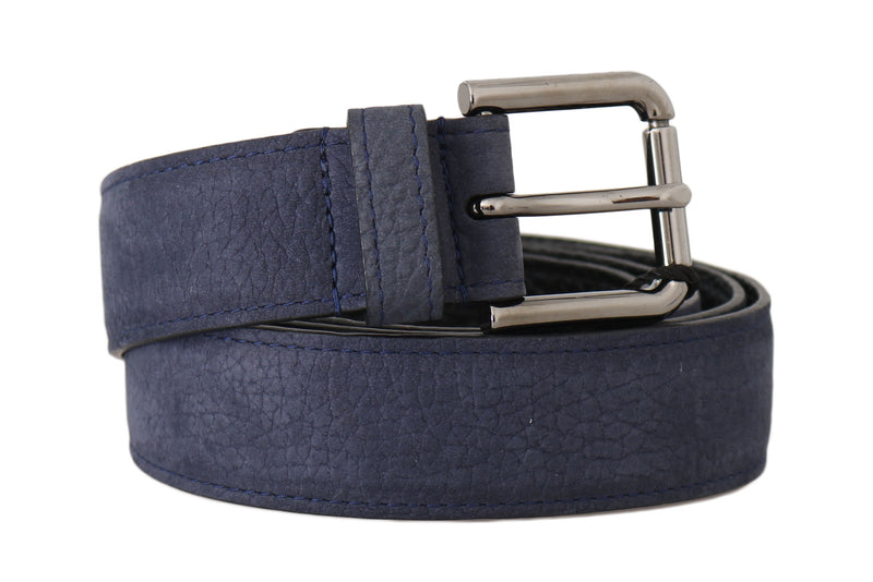 Blue Deerskin Leather Silver Logo Buckle Belt