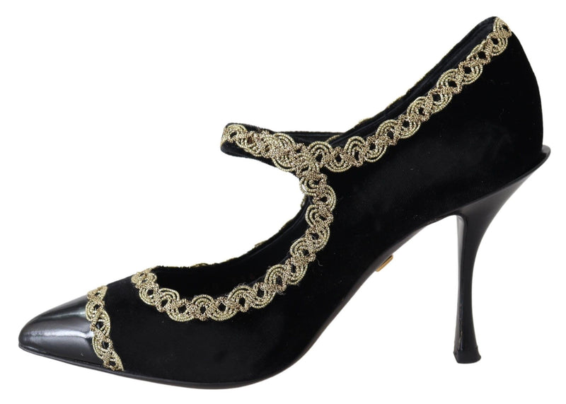 Black Velvet Gold Mary Janes Pumps