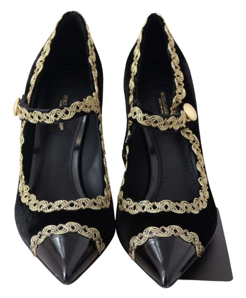 Black Velvet Gold Mary Janes Pumps