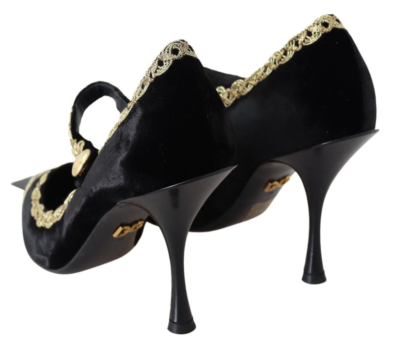 Black Velvet Gold Mary Janes Pumps