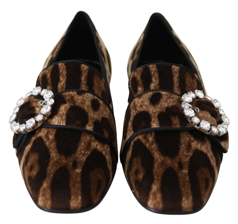 Brown Leopard Print Crystals Loafers Flats Shoes