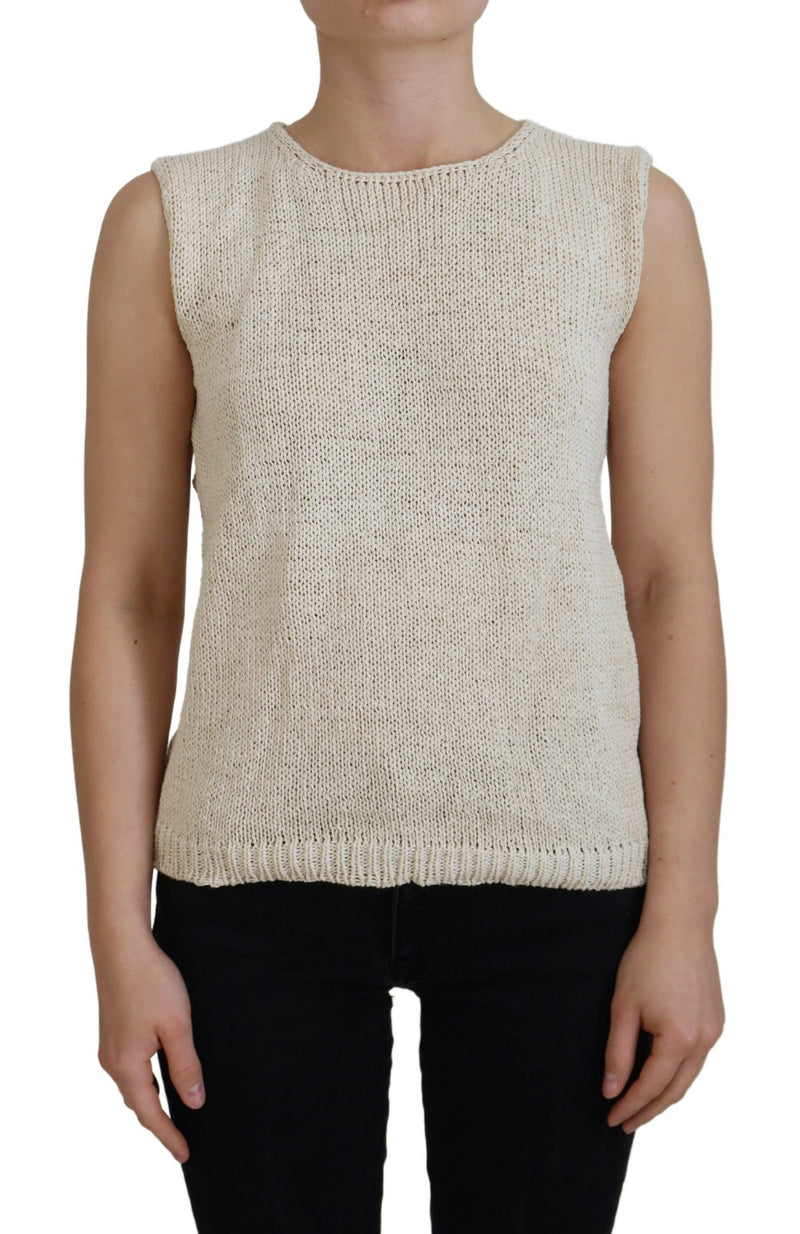 Beige Cotton Blend Sleeveless Round Neck Tank Top