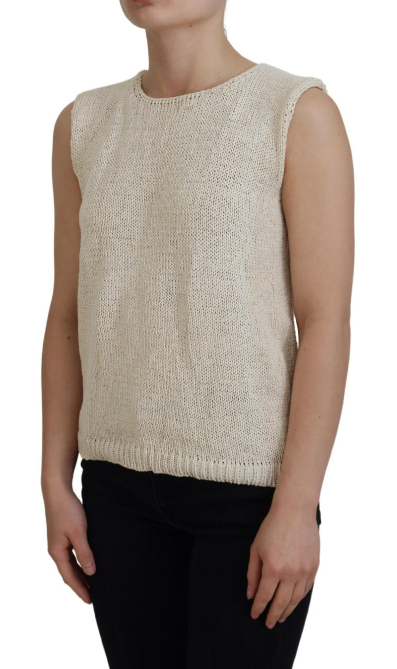 Beige Cotton Blend Sleeveless Round Neck Tank Top