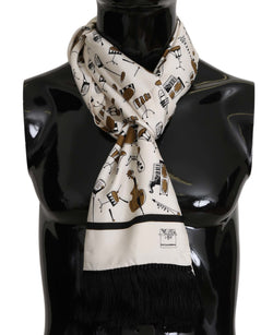 White, Black Silk Musical Instrument Fringes Scarf