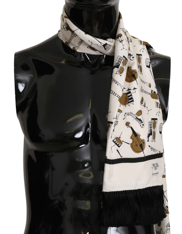 White, Black Silk Musical Instrument Fringes Scarf