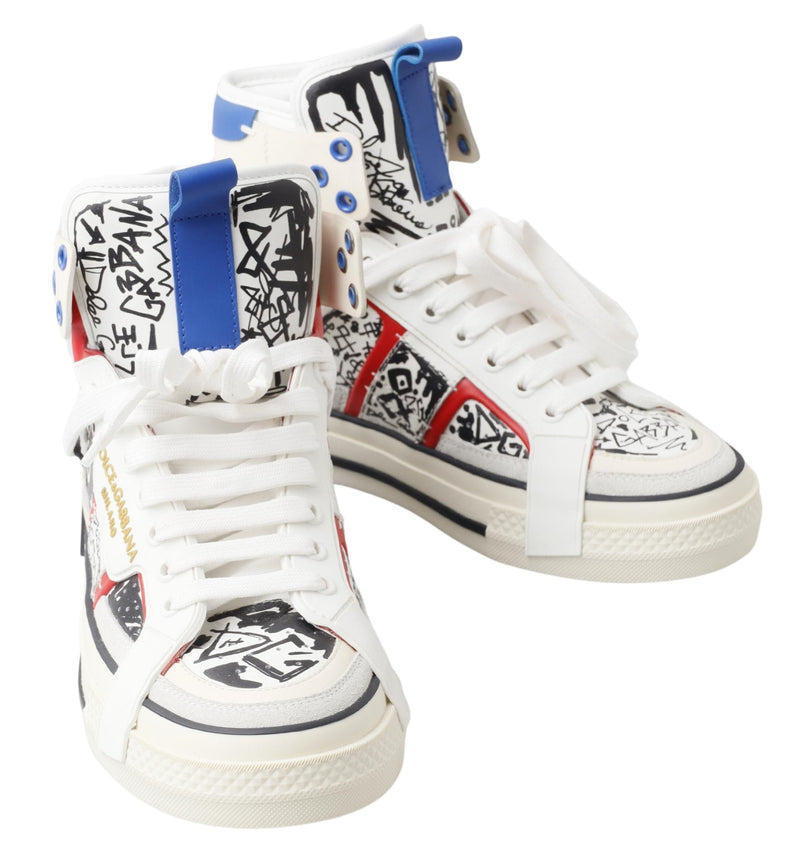 White Graffiti Leather High Top Sneaker Shoes