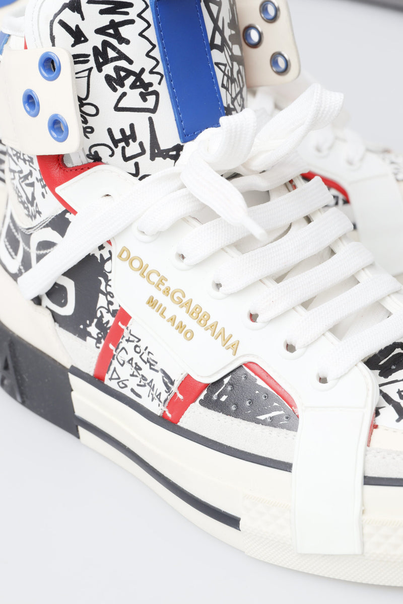 White Graffiti Leather High Top Sneaker Shoes