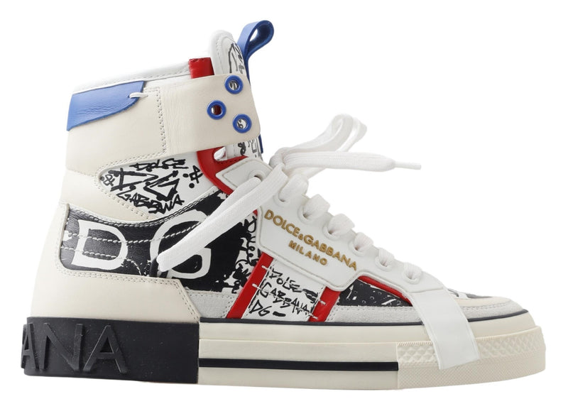 White Graffiti Leather High Top Sneaker Shoes