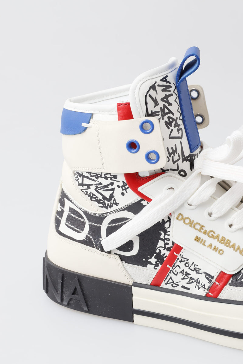 White Graffiti Leather High Top Sneaker Shoes