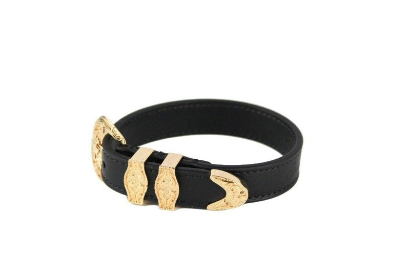 Medusa Western Buckle Smooth Leather Gold Plated Brass Gold Bracelet