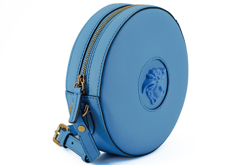 Blue Calf Leather Round Disco Shoulder Bag