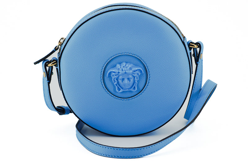 Blue Calf Leather Round Disco Shoulder Bag