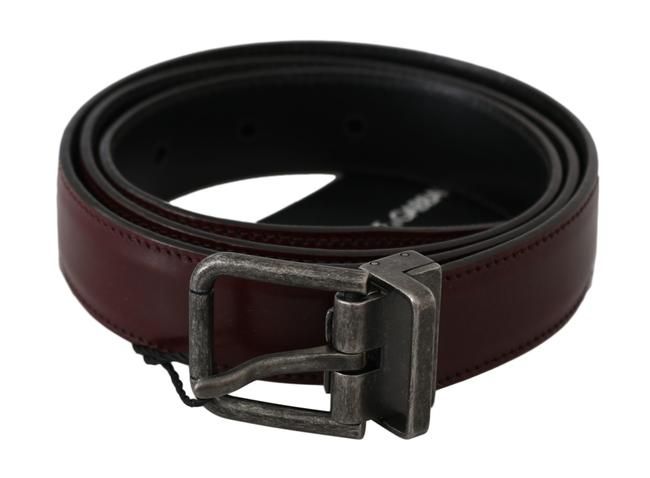 Men Bordeaux Leather Belt with Gray Brushed Buckle