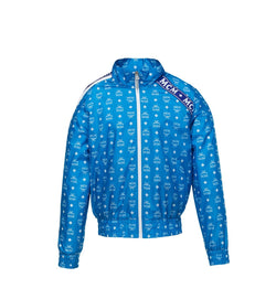 Women's Blue Nylon Bomber Jacket White Logo Print