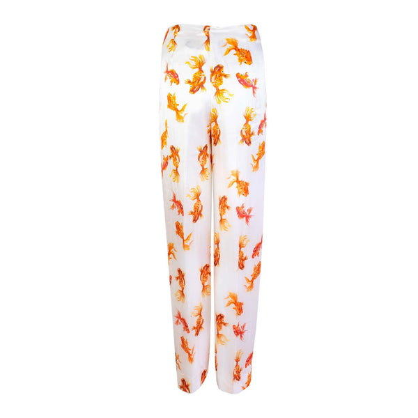 White Orange Printed Viscose Trousers