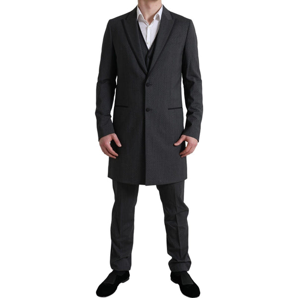 Gray Wool Long 3 Piece Two Button Suit