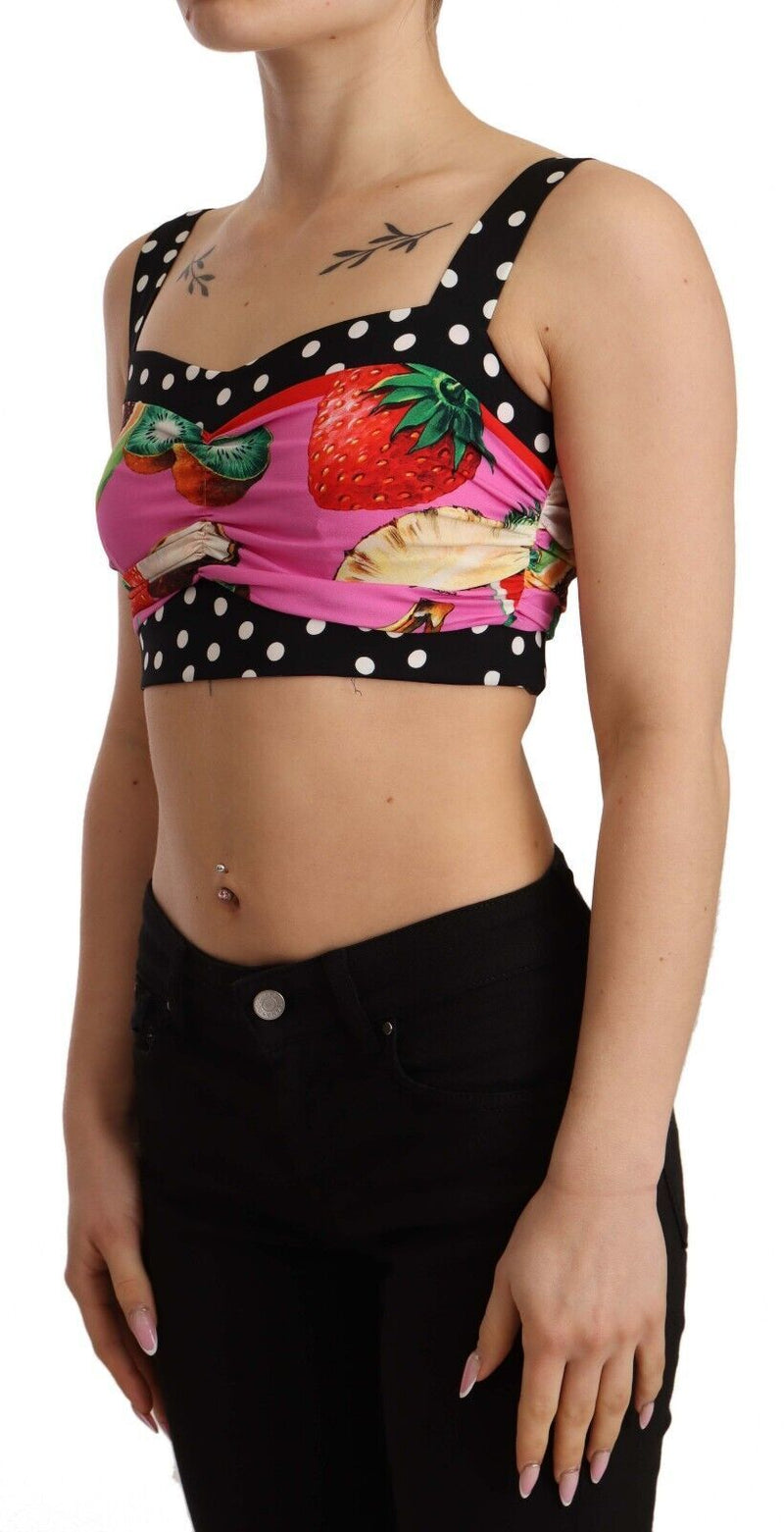 Multicolor Silk Cropped Polka Fruit Print Top