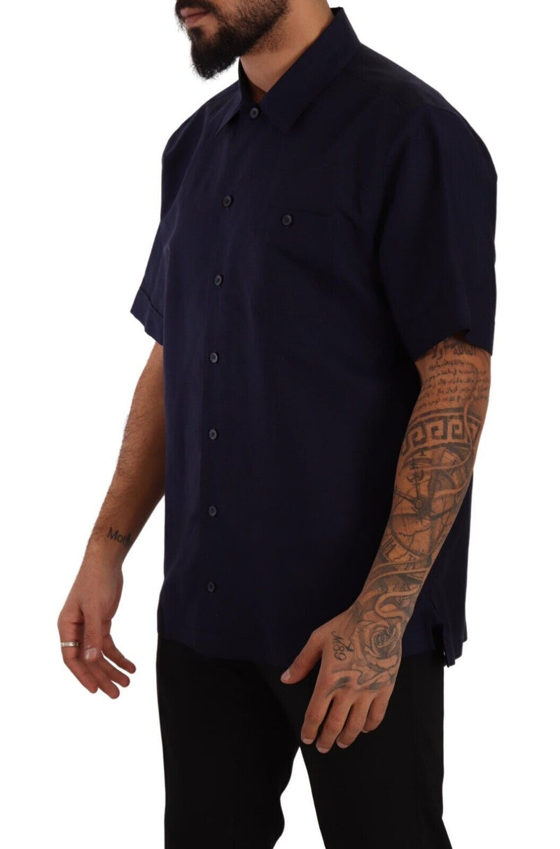 Navy Blue Button Down Short Sleeves Shirt