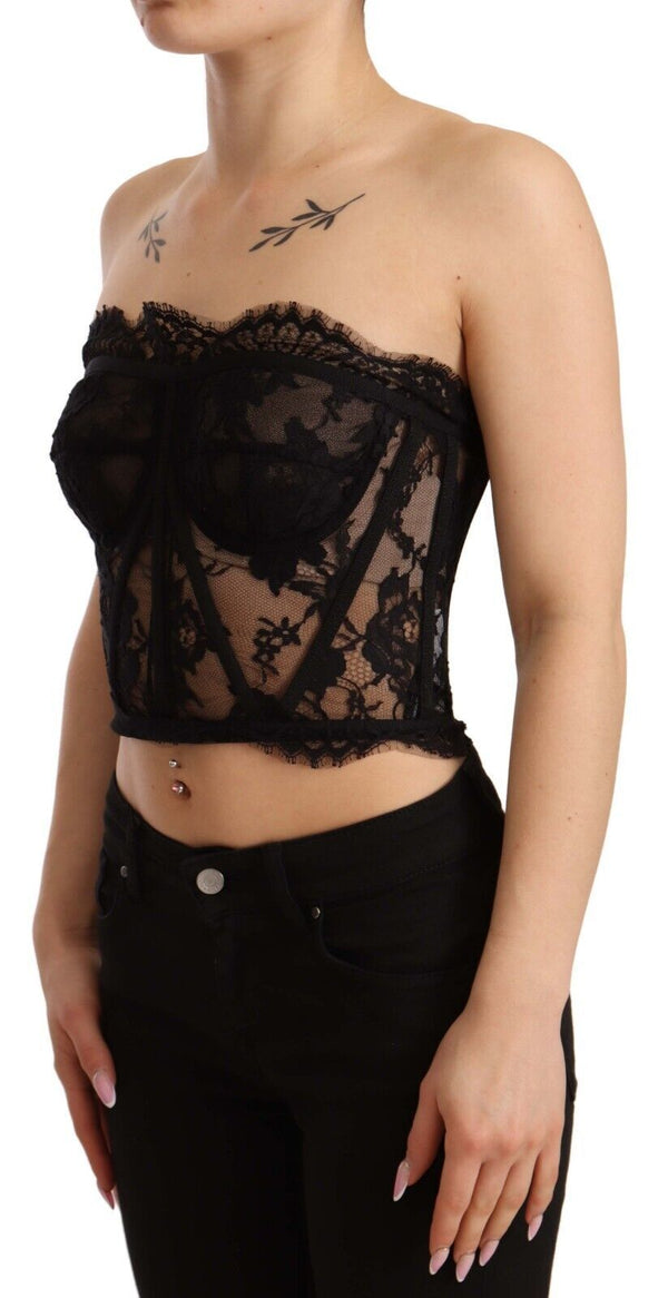 Black Open Work Corset Cotton Lace Bustier Top