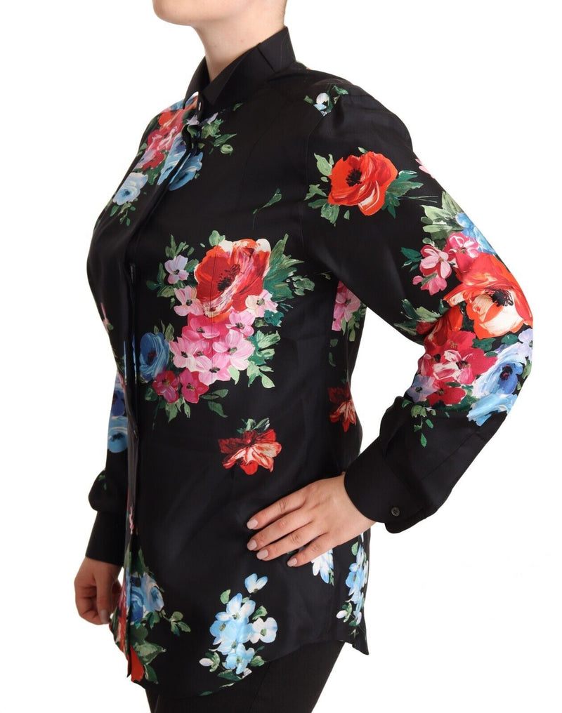 Black Floral Print Collared Polo Blouse Top