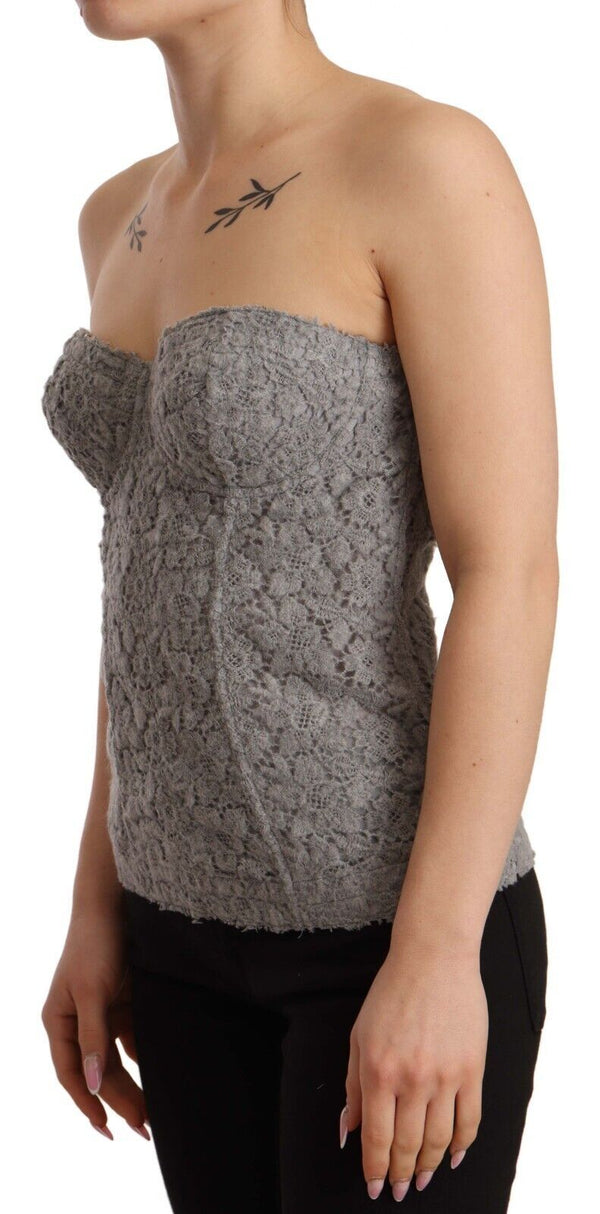 Gray Sleeveless Bustier Floral Lace Silk Top