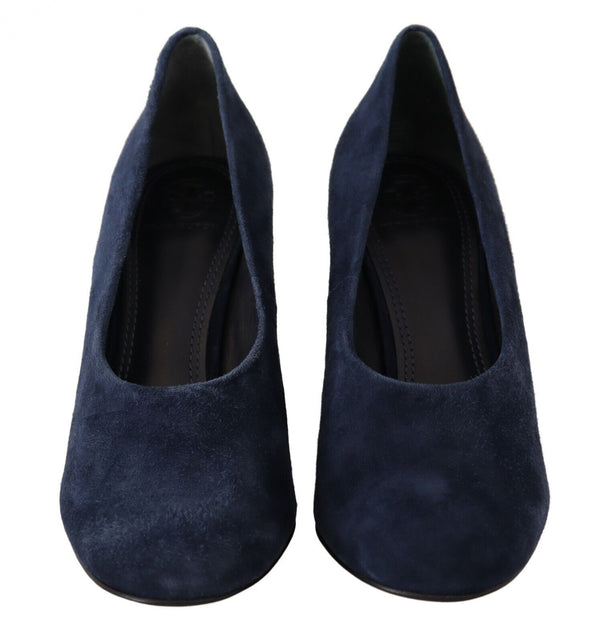 Navy Blue Suede Leather Block Heels Pumps Shoes