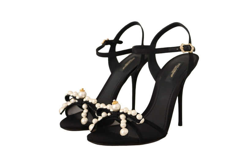 Black Keira Sandals Faux Pearl Ankle Strap Shoes