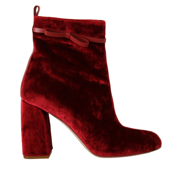 Red Leather Suede Block Heels Boots Shoes