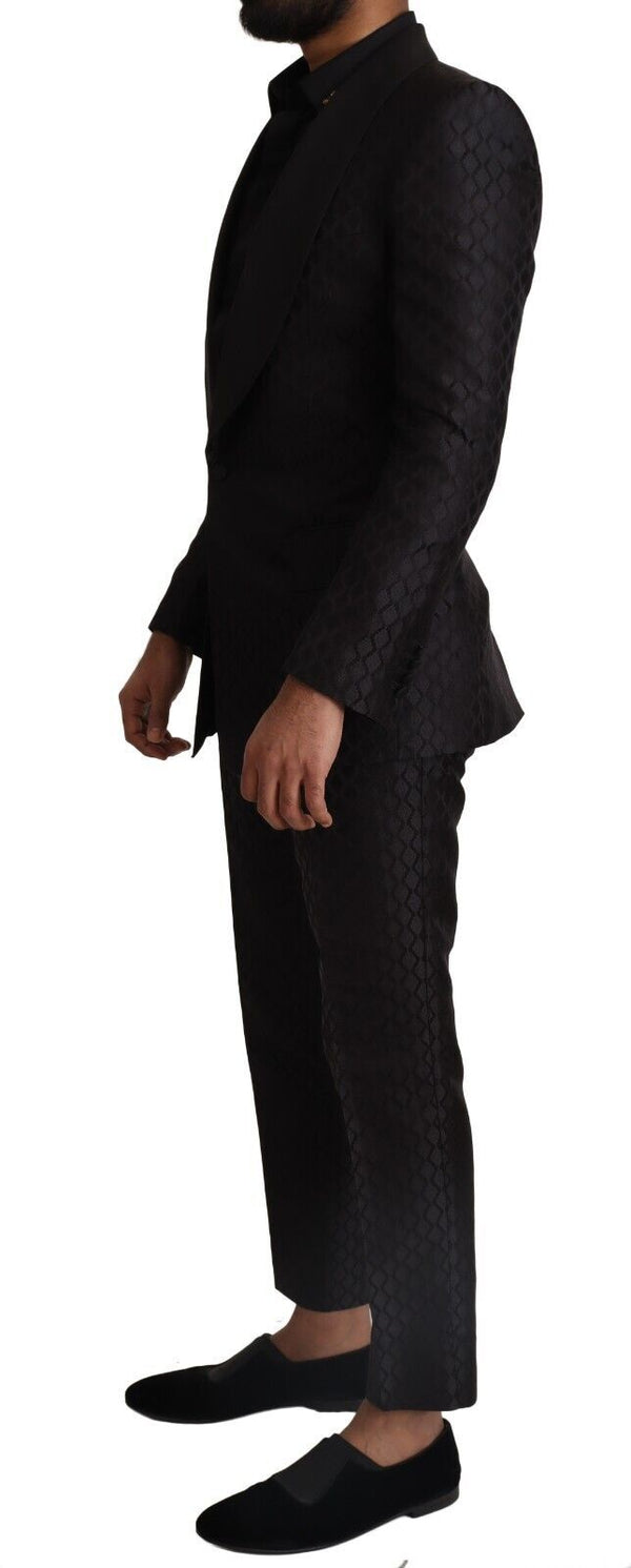 Black Silk Slim Fit Patterned 2 Piece Suit