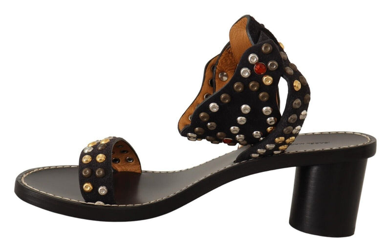 Black Studded Leather Ankle Strap Sandals Shoes