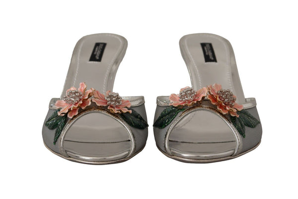 Silver Keira Leather Floral Slip On Sandals Shoes