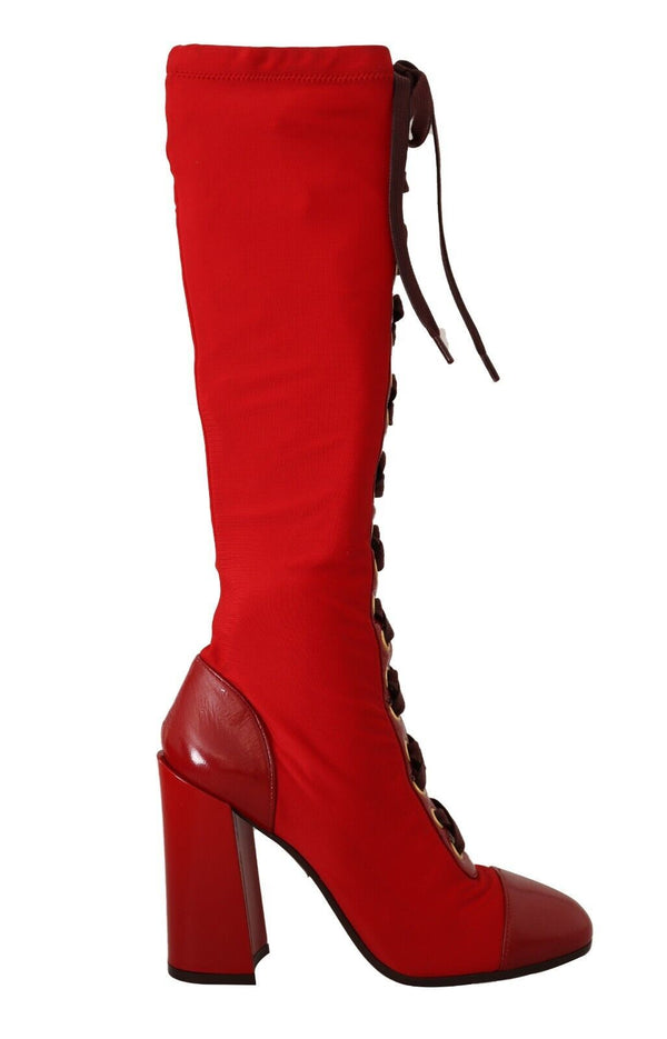 Red Stretch Lace Up Knee High Boots Shoes