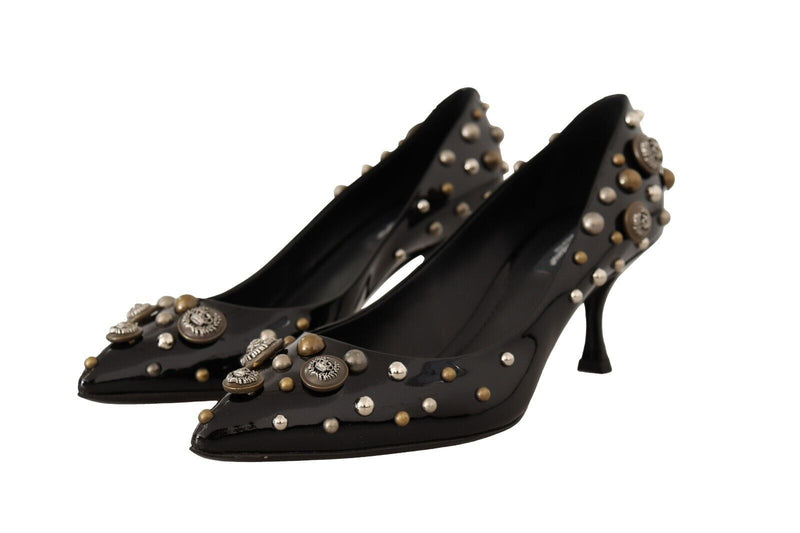 Black Ricamo Leather Studded Heels Pumps Shoes