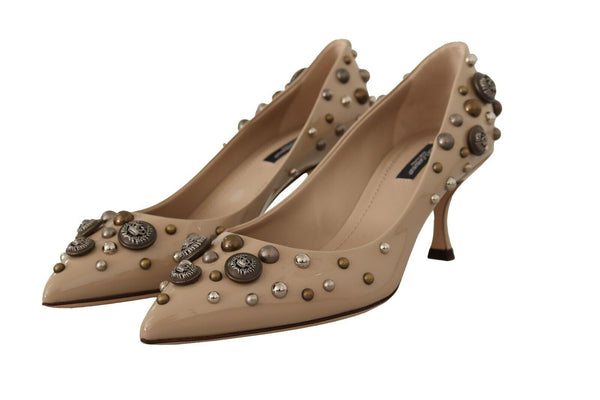 Beige Leather Button Studded Heels Pumps Shoes