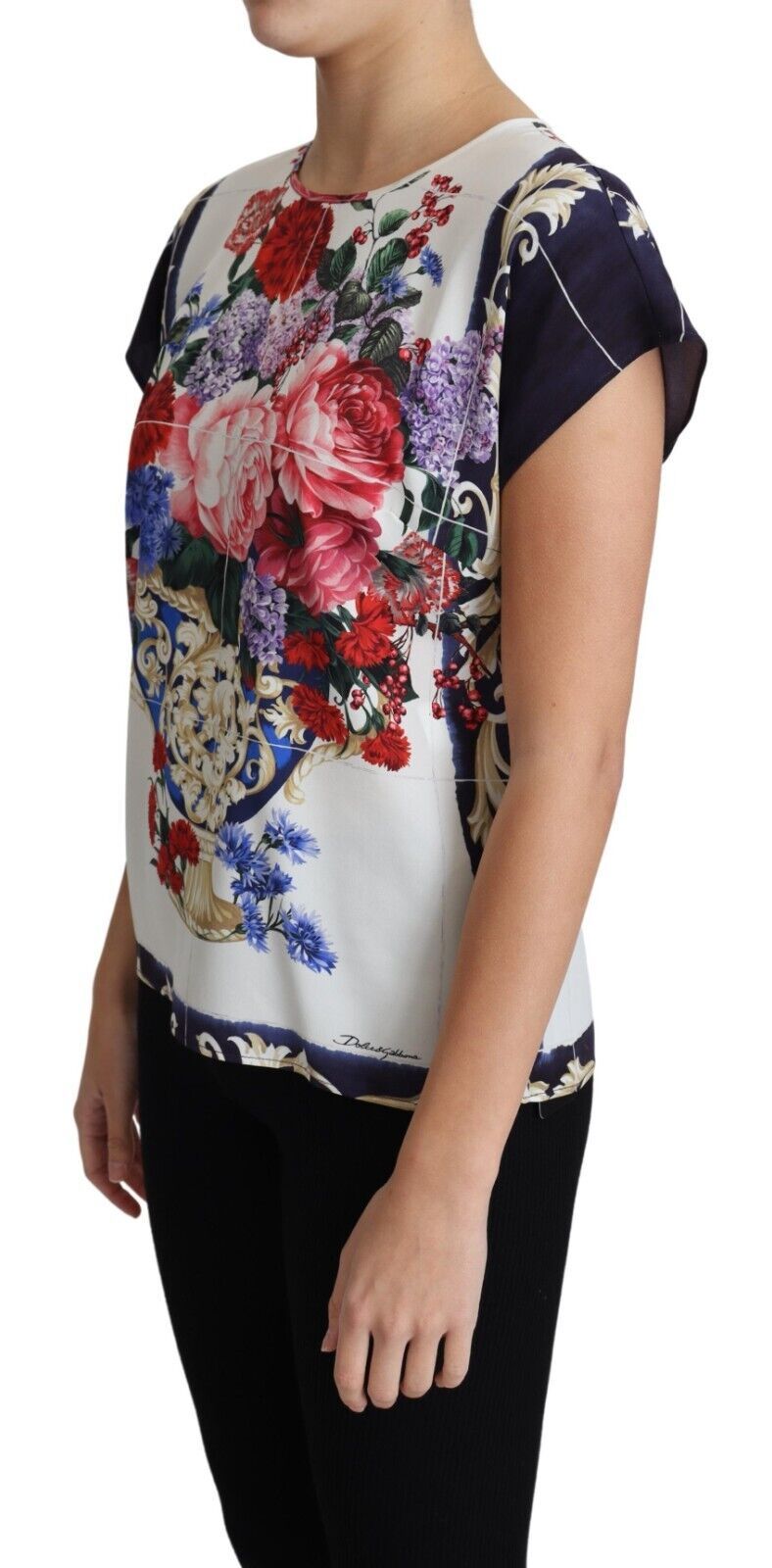 Multicolor Silk Flower Vase Short Sleeves Blouse Top