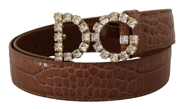 Brown Crocodile Print Leather Crystal Logo Buckle Belt