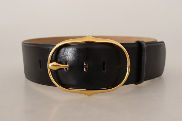 Black Leather Gold Metal Oval Buckle Belt