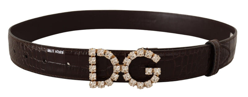 Brown Crocodile Print Leather Crystal Logo Buckle Belt