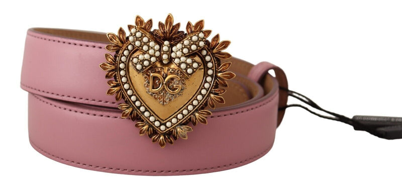 Pink Leather Heart Gold Logo Devotion Buckle Belt