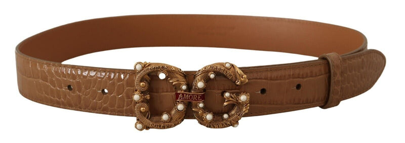 Brown Crocodile Pattern Leather Logo Amore  Belt