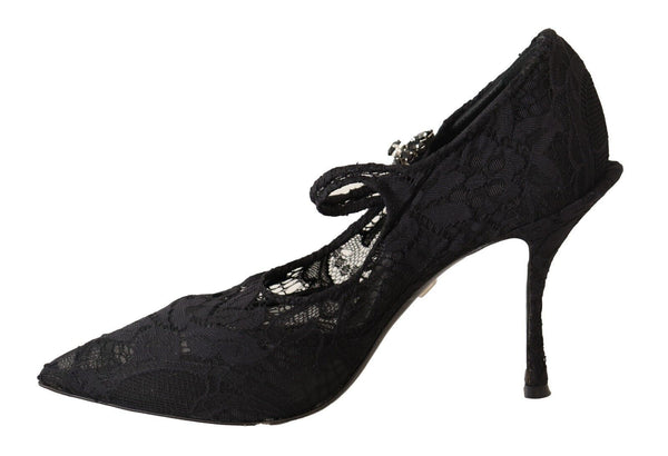 Black Lace Crystals Heels Mary Jane Pumps Shoes