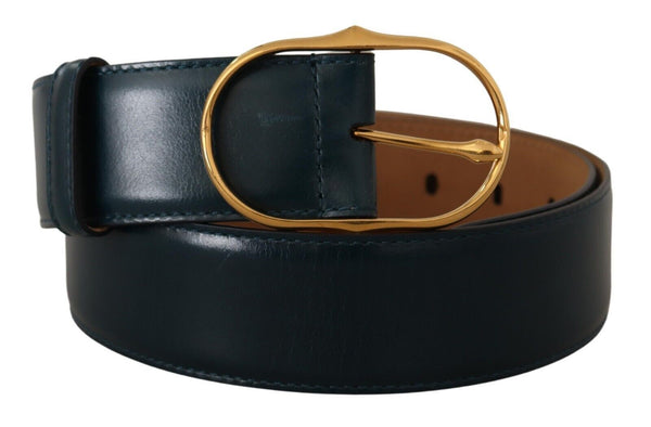 Blue Leather Gold Metal Oval Buckle Belt