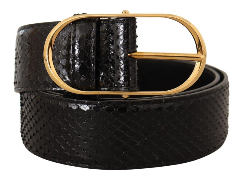 Black Exotic Leather Gold Metal Oval Buckle Belt