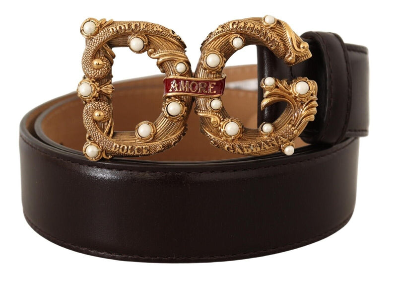 Brown Leather Brass Logo Buckle Baroque Amore Belt