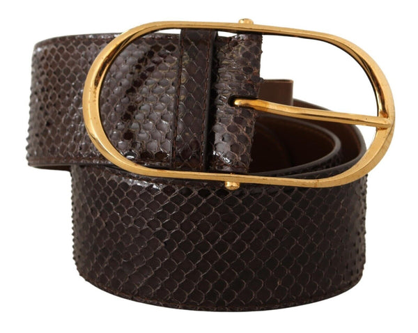 Brown Exotic Leather Gold Oval Buckle Belt