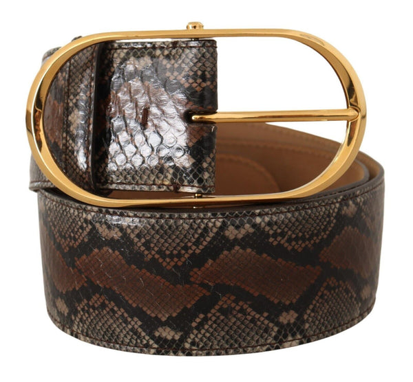 Brown Exotic Leather Gold Oval Buckle Belt