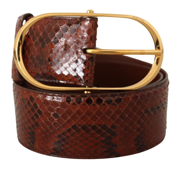 Brown Exotic Leather Gold Oval Buckle Belt